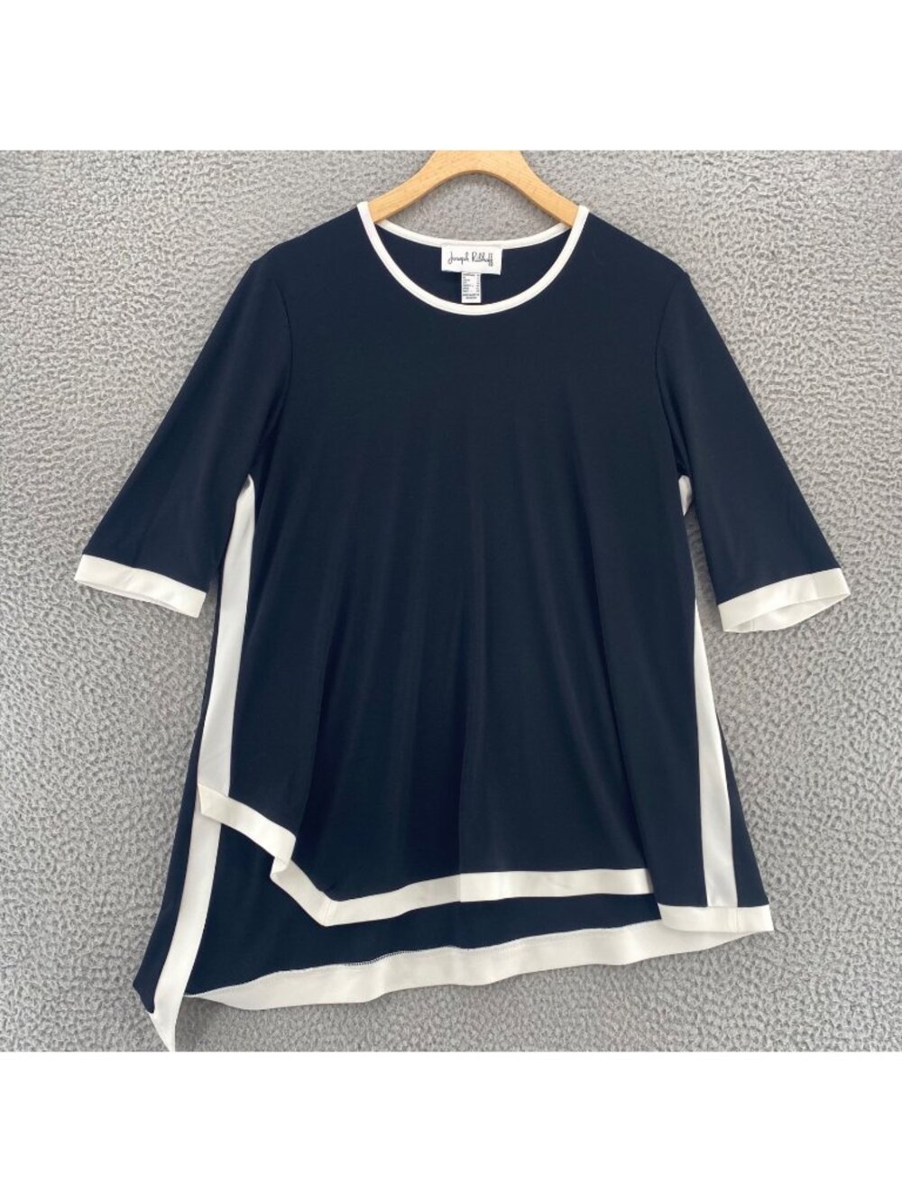 Joseph Ribkoff Top Womens 10 Black White Contrast Asymmetric Hem Short Sleeves